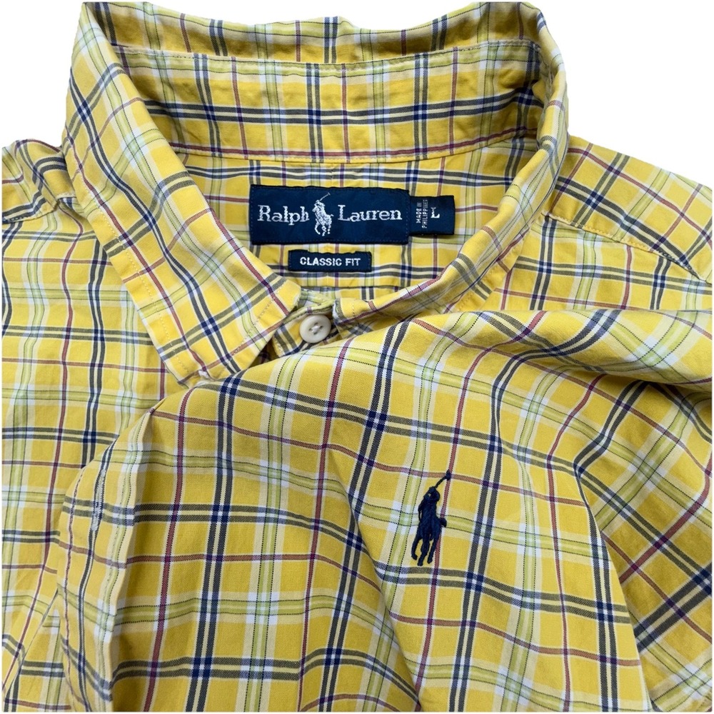 Vintage 90s Polo Ralph Lauren Classic Fit Yellow Blue‎ Plaid Button Up Shirt L